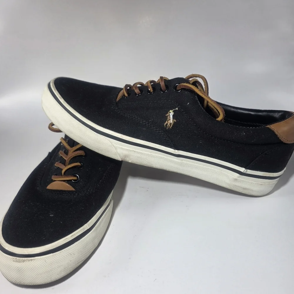 Polo by Ralph Leather  Lauren Men  Black and Brown Sneakers Size 7D